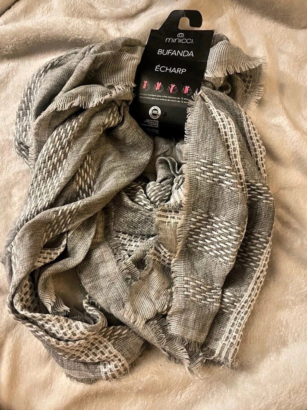minicci Bufanda Echarpe Gray & White Scarf NWT